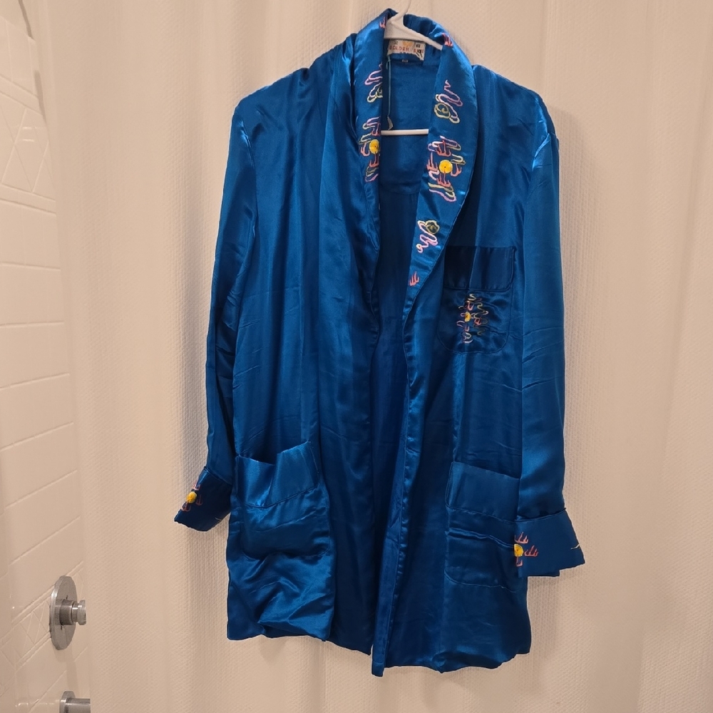 NWOT Vibrant Blue Embroidered Kimono With Dragon Embroidering On Back